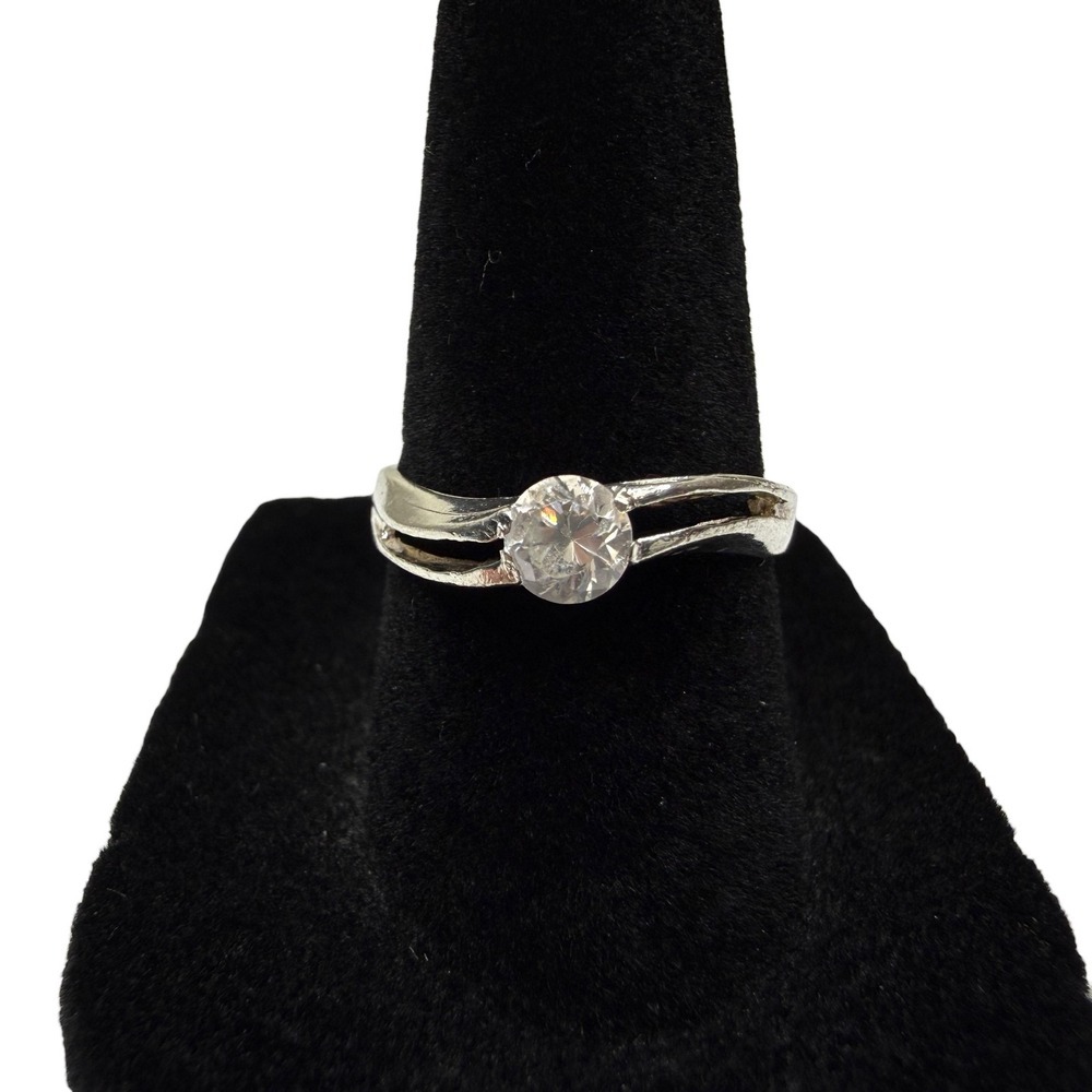 S925 Sterling Silver Clear Crystal Solitaire Bypass Ring Fine Jewelry Size 6.5